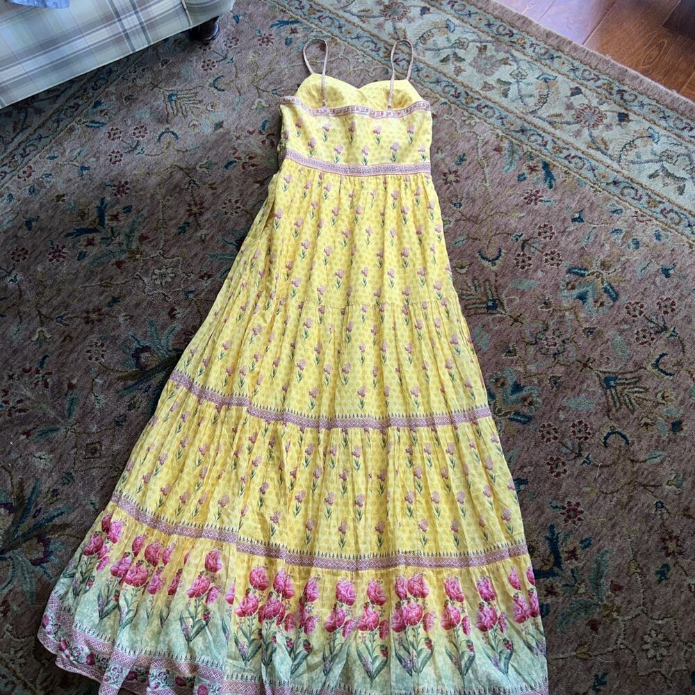 Anita Dongre Yellow Floral Tier Maxi Block Print Flowy Indian Design Sundress M - Picture 7 of 11
